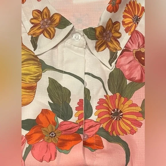 Bohemian Floral Print Shirt & Pants Cotton Linen Short Sleeve Two Piece Set - Picture 3 of 12